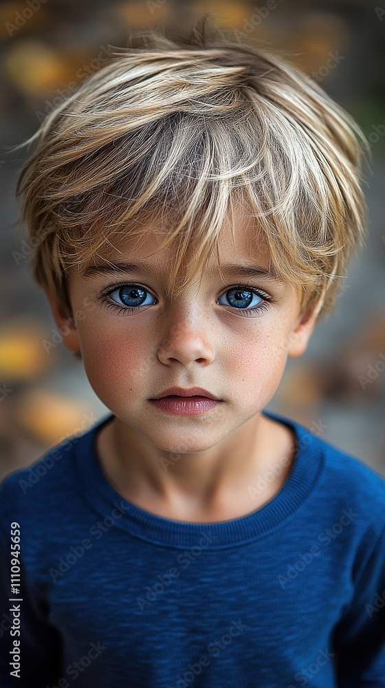 Young child with blue eyes and blonde hair gazes intently, captured outdoors in a natural setting with soft focus on background elements Young child with blue eyes and blonde hair gazes intently, captured outdoors in a natural setting with soft focus on background elements