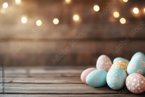 A collection of pastel Easter eggs in various patterns are artfully arranged on a rustic wooden table, illuminated by warm bokeh lights in the background. photo