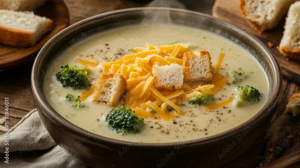 Photo of, A comforting bowl of creamy broccoli cheddar soup garnished with shredded cheddar cheese and croutons, Broccoli cheddar soup served in a ceramic bowl with steam rising delicately Photo of, A comforting bowl of creamy broccoli cheddar soup garnished with shredded cheddar cheese and croutons, Broccoli cheddar soup served in a ceramic bowl with steam rising delicately