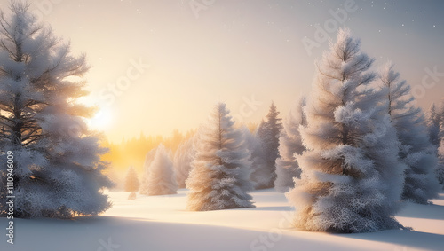 Mesmerizing Winter Landscape: Frosted Pines and Golden Sunrise