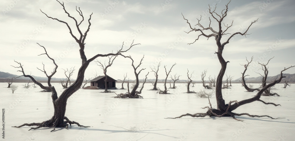 A haunting, post-apocalyptic landscape of the abandoned village of Epecuén, submerged beneath the eerie expanse of a Salt Lake, with twisted, skeletal trees like nature's own skeletal fingers reaching A haunting, post-apocalyptic landscape of the abandoned village of Epecuén, submerged beneath the eerie expanse of a Salt Lake, with twisted, skeletal trees like nature's own skeletal fingers reaching