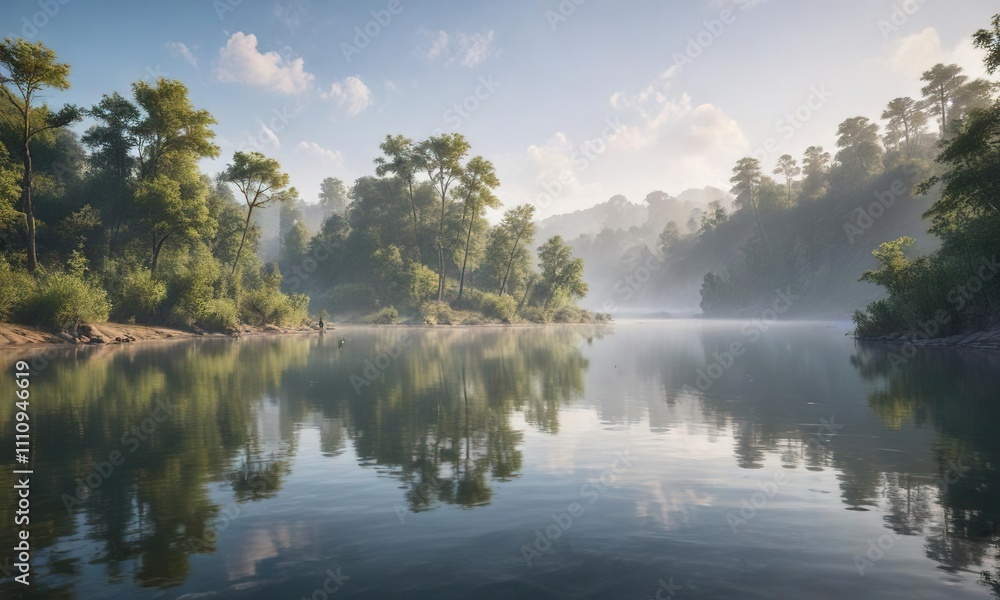 Obraz premium Landscape painting of serene riverside morning atmosphere with misty sky and calm water, soft colors, riverside scene