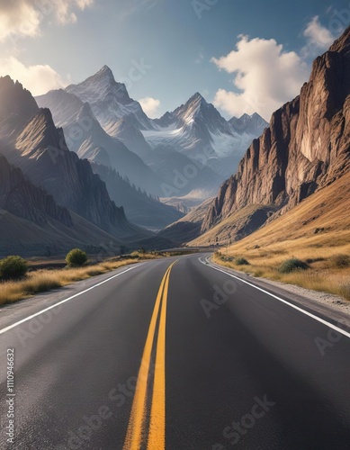 Landscape of asphalt road with majestic mountains in the background, highway drive, asphalt road