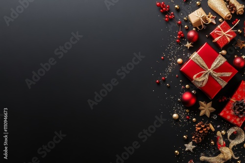 This image depicts an elegant holiday display with red and gold wrapped gifts, baubles, and tiny pine cones elegantly scattered on a dark ebony background.