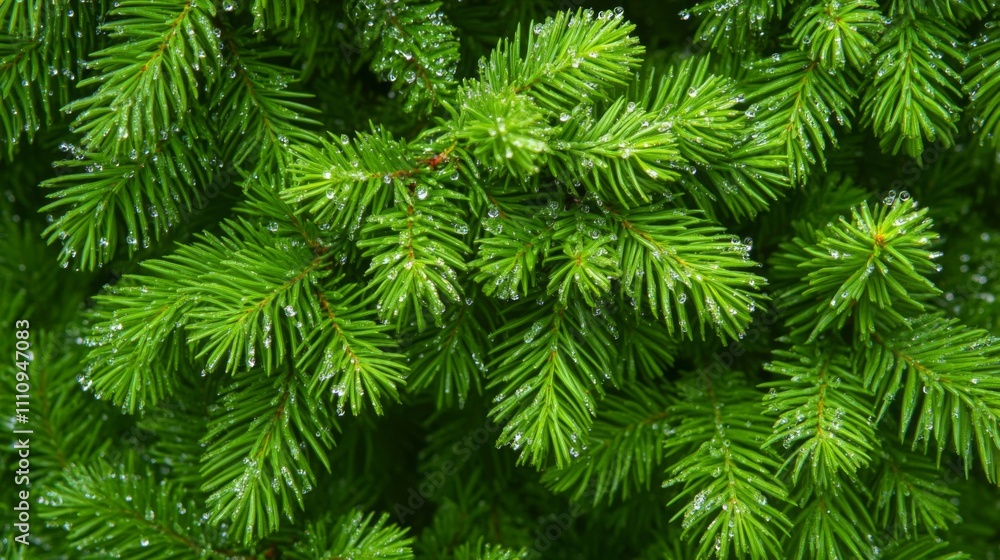 Close-up of Evergreen Tree Branches with Raindrops