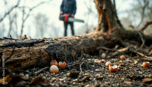 Logger using a chainsaw to cut a tree trunk with a broken bird eggshell falling from the nest