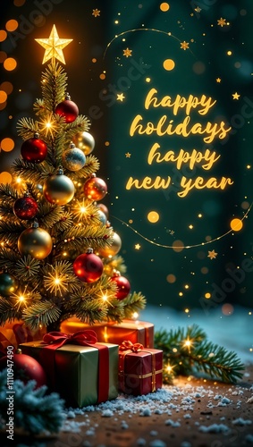 A Christmas scene featuring a decorated tree, wrapped gifts, and the text 