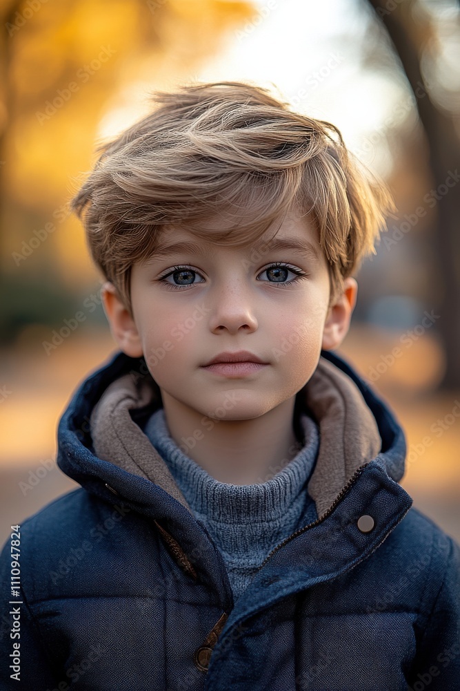 Young boy stands confidently outdoors, surrounded by autumn foliage, showcasing a serene expression and stylish winter attire during golden hour Young boy stands confidently outdoors, surrounded by autumn foliage, showcasing a serene expression and stylish winter attire during golden hour