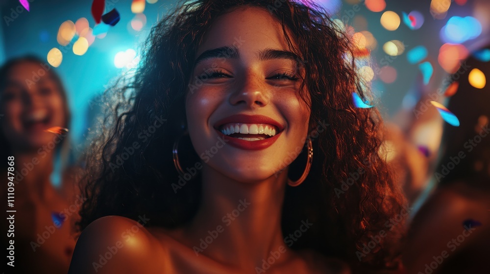 Smiling woman enjoys a festive celebration surrounded by friends under colorful lights at night Smiling woman enjoys a festive celebration surrounded by friends under colorful lights at night