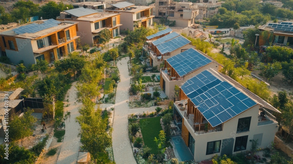Obraz premium Aerial view of eco-friendly houses with solar panels and lush green landscaping.