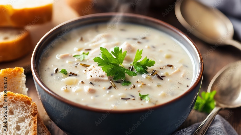 Photo of, A comforting bowl of creamy chicken and wild rice soup garnished with chopped parsley and cracked black pepper Photo of, A comforting bowl of creamy chicken and wild rice soup garnished with chopped parsley and cracked black pepper