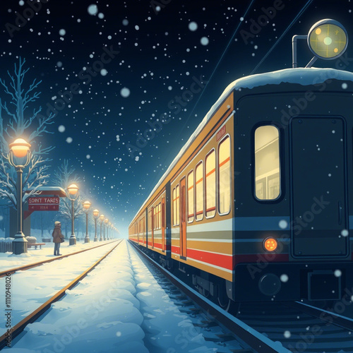 Anime Snowy Train Station with Waiting Character at Night