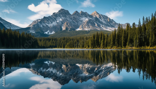 A picturesque mountain range reflected in the calm waters of a lake. The towering mountains are cove