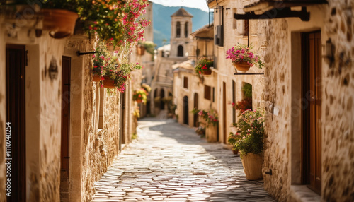 Fototapeta Naklejka Na Ścianę i Meble -  A picturesque narrow street in a Mediterranean village, featuring old stone buildings with warm beig