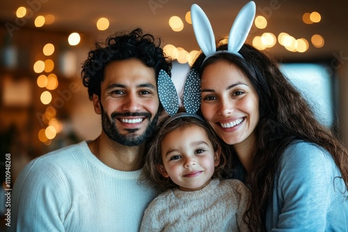 A cheerful photograph of a smiling couple with their happy child, all wearing whimsical bunny ears, embodies the spirit of love and family joy during Easter. photo