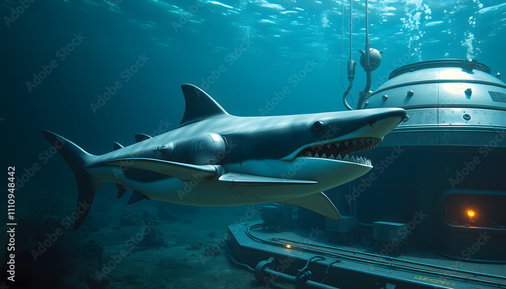 A fully mechanized shark patrolling a metallic underwater base. A fully mechanized shark patrolling a metallic underwater base.
