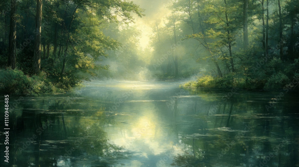 Serene Morning Mist Over a Tranquil River in a Lush Forest Serene Morning Mist Over a Tranquil River in a Lush Forest