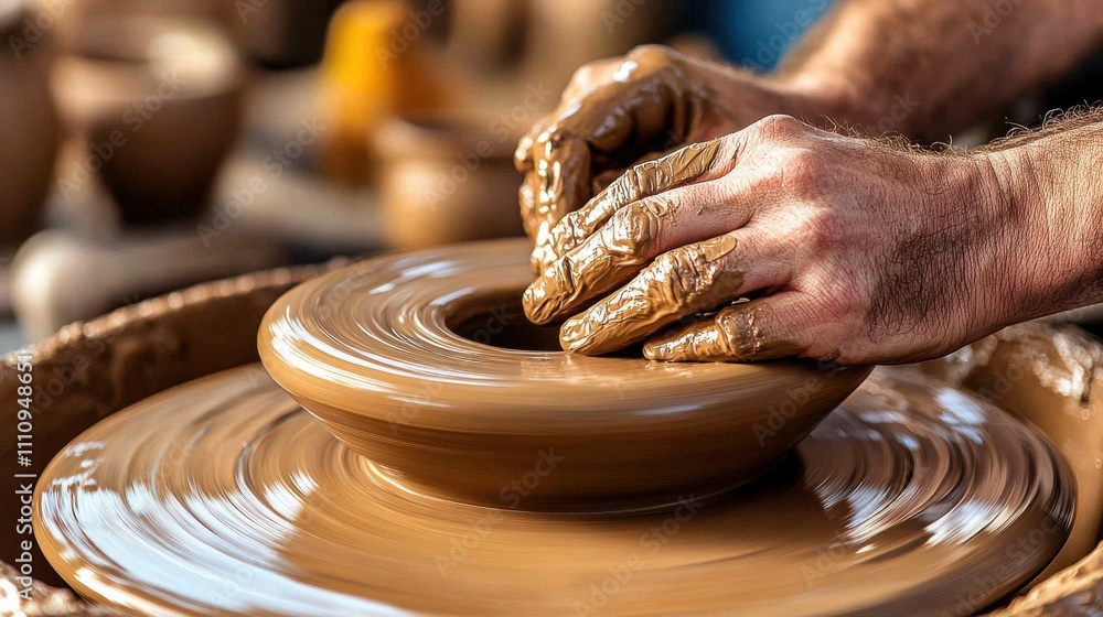 Hands sculpting a clay pot on a pottery wheel during daylight in a creative workshop environment showcasing traditional craftsmanship Hands sculpting a clay pot on a pottery wheel during daylight in a creative workshop environment showcasing traditional craftsmanship