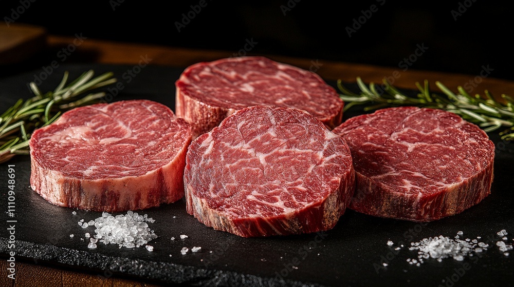 A display of marbled beef steaks on a slate board, garnished with rosemary and salt. A display of marbled beef steaks on a slate board, garnished with rosemary and salt.