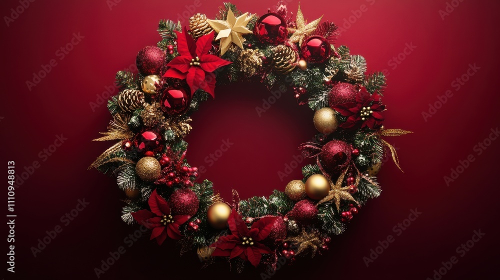 Beautifully decorated Christmas wreath with red and gold ornaments hanging on a vibrant red wall Beautifully decorated Christmas wreath with red and gold ornaments hanging on a vibrant red wall