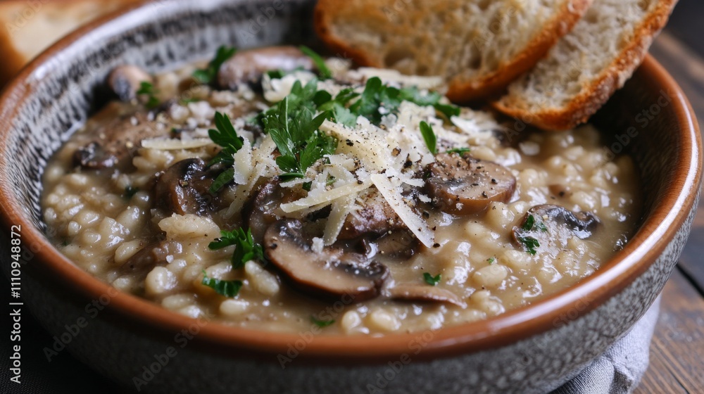 Photo of, A comforting bowl of creamy mushroom risotto topped with shaved Parmesan cheese and fresh parsley, Mushroom risotto served in a ceramic bowl with a drizzle of truffle oil Photo of, A comforting bowl of creamy mushroom risotto topped with shaved Parmesan cheese and fresh parsley, Mushroom risotto served in a ceramic bowl with a drizzle of truffle oil