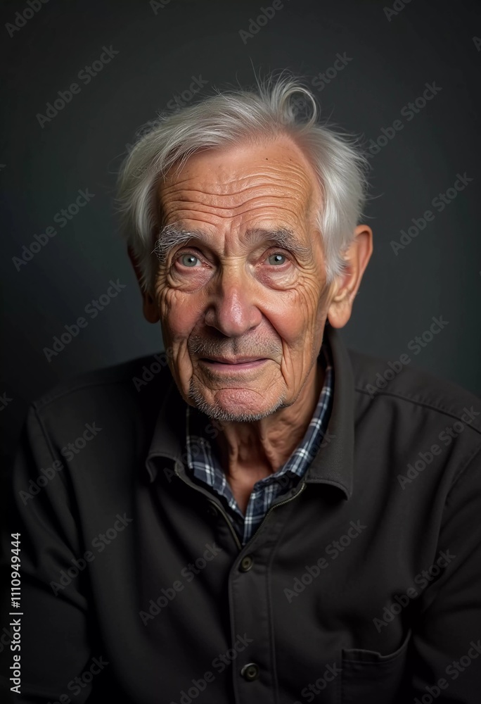A senior man stands confidently, wearing a black jacket. Softly lit background. Portrait of a Russian man, 60-70-80 years old. Serious, wise, thoughtful face. Pensioner with gray hair. Generative AI A senior man stands confidently, wearing a black jacket. Softly lit background. Portrait of a Russian man, 60-70-80 years old. Serious, wise, thoughtful face. Pensioner with gray hair. Generative AI