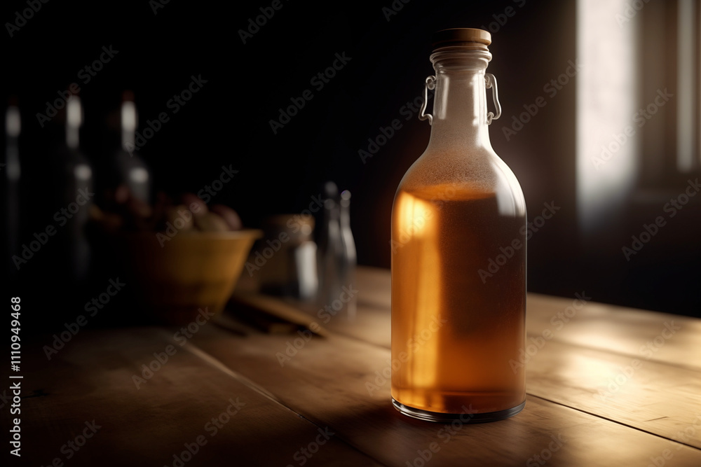 Clear glass bottle of kombucha with bubbles and sediment Clear glass bottle of kombucha with bubbles and sediment