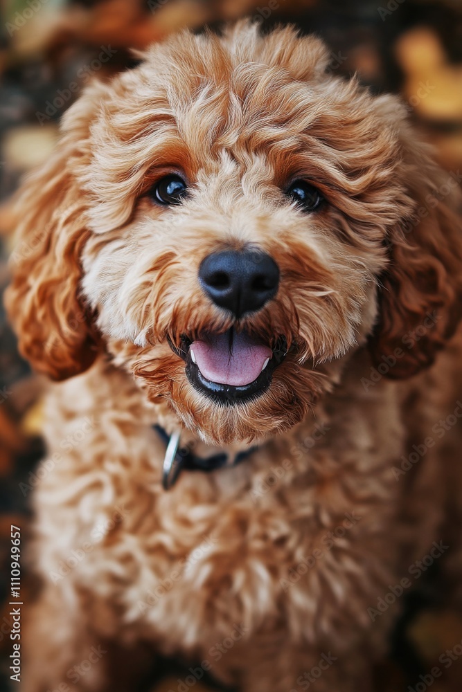 Happy brown dog with curly fur enjoying a sunny day outdoors surrounded by autumn leaves and vibrant colors Happy brown dog with curly fur enjoying a sunny day outdoors surrounded by autumn leaves and vibrant colors