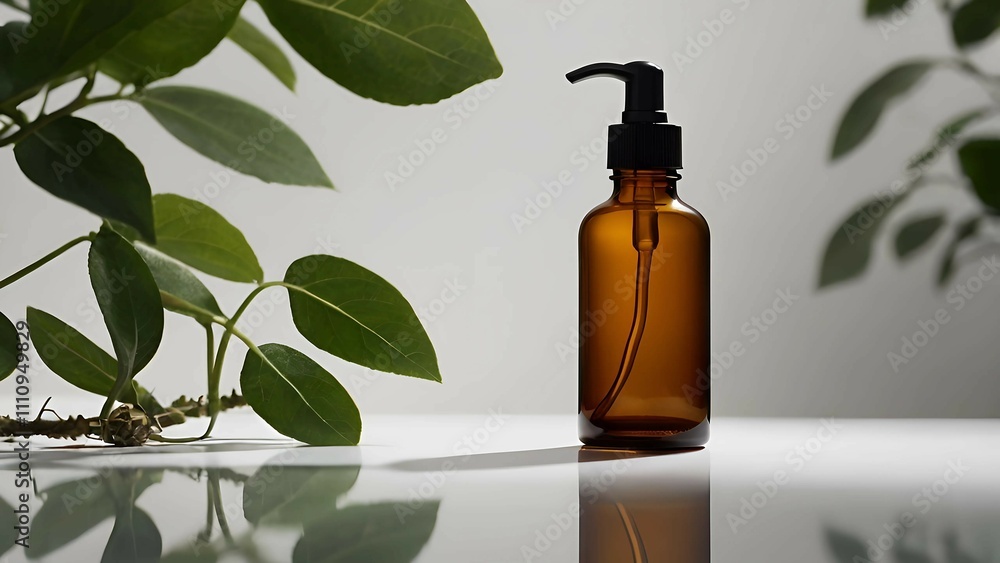 Essential Oil Bottle with Green Leaves Essential Oil Bottle with Green Leaves