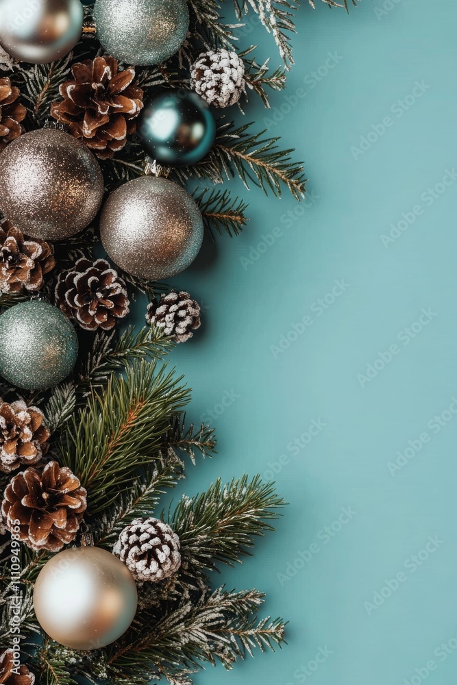 Silver baubles, frosted pine cones, and lush green fir branches are artfully arranged against a teal background, embodying the essence of winter wonderland. Silver baubles, frosted pine cones, and lush green fir branches are artfully arranged against a teal background, embodying the essence of winter wonderland.