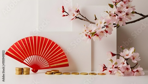 Celebrate Lunar New Year with vibrant red fan, gold coins, and delicate cherry blossoms—symbols of prosperity and good fortune! photo