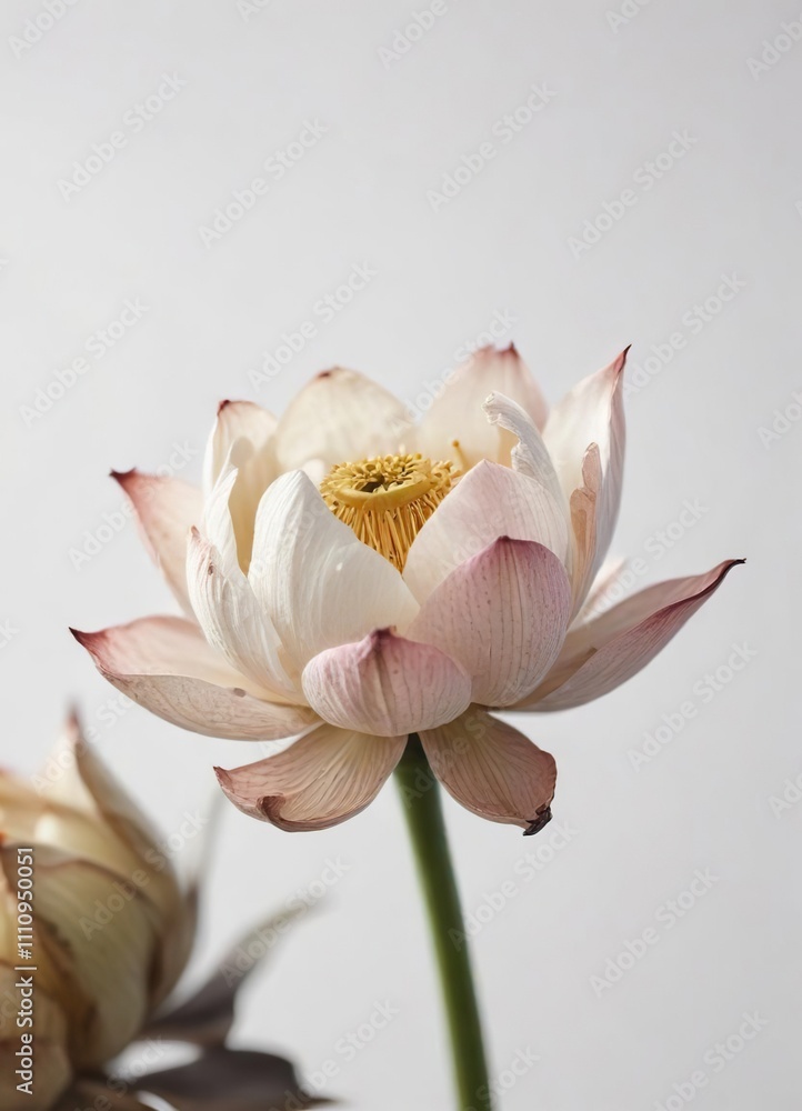 Macro shot of withered lotus blossom on white backdrop, part, macro shot, delicate Macro shot of withered lotus blossom on white backdrop, part, macro shot, delicate