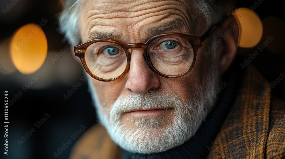 Portrait of an older man with glasses and white beard in a cozy indoor setting during a warm evening Portrait of an older man with glasses and white beard in a cozy indoor setting during a warm evening