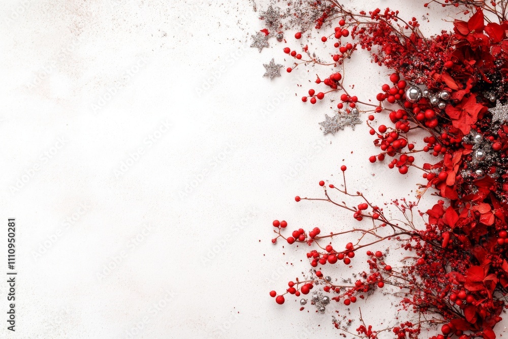 An elegant arrangement of red and silver ornaments combined with festive red foliage and star decorations, set against a neutral textured background. An elegant arrangement of red and silver ornaments combined with festive red foliage and star decorations, set against a neutral textured background.