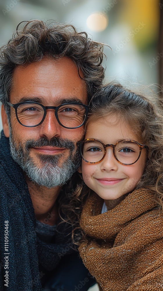 Smiling father and daughter enjoying a cozy moment outdoors on a sunny day in a charming urban setting Smiling father and daughter enjoying a cozy moment outdoors on a sunny day in a charming urban setting