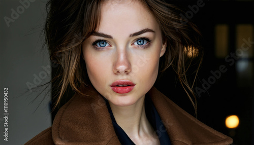 A portrait of a young woman with fair skin and deep blue eyes. She has wavy brown hair and is wearin photo