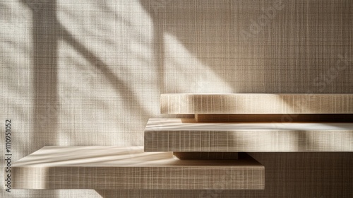 Three Wooden Shelves Against a Textured Wall with Sunlight photo