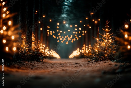 A tranquil forest pathway lined with small Christmas trees, adorned with glowing lights, creating a magical and inviting holiday atmosphere. photo