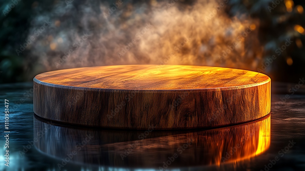 Circular wooden podium placed on a reflective surface, with a soft spotlight highlighting its smooth, polished texture. Circular wooden podium placed on a reflective surface, with a soft spotlight highlighting its smooth, polished texture.