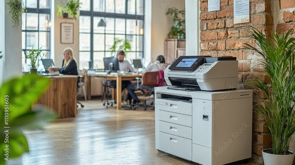 Modern office space featuring a printer and employees working at desks. Modern office space featuring a printer and employees working at desks.