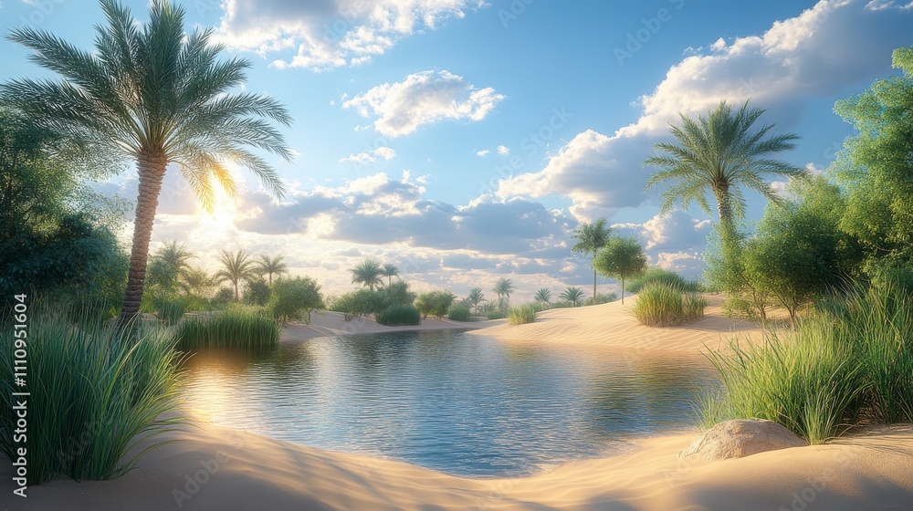 Obraz premium Serene Desert Oasis: A Tranquil Water Hole in the Golden Hour Sunlight