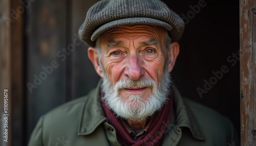 A senior man stands confidently, wearing a black jacket. Softly lit background. Portrait of a Russian man, 60-70-80 years old. Serious, wise, thoughtful face. Pensioner with gray hair. Generative AI