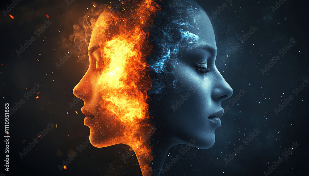 Face split into parts revealing inner conflict and tension Face split into parts revealing inner conflict and tension