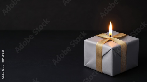 Elegant Gift Box with Golden Ribbon and Flickering Flame on Dark Background, Symbolizing Surprise and Celebration for Special Occasions, Festivals or Holidays