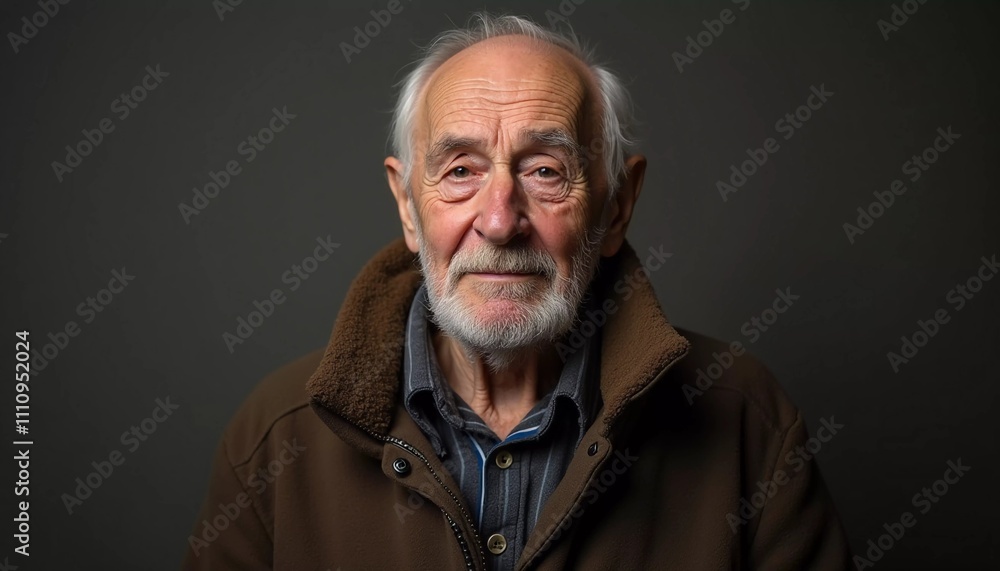 A senior man stands confidently, wearing a black jacket. Softly lit background. Portrait of a Russian man, 60-70-80 years old. Serious, wise, thoughtful face. Pensioner with gray hair. Generative AI A senior man stands confidently, wearing a black jacket. Softly lit background. Portrait of a Russian man, 60-70-80 years old. Serious, wise, thoughtful face. Pensioner with gray hair. Generative AI