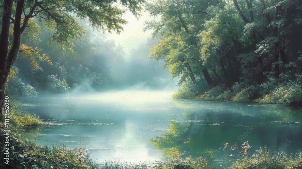 Fototapeta premium Serene Morning Mist Over a Calm River in a Lush Forest
