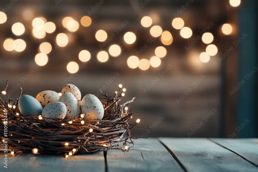 Fototapeta premium A rustic wooden table holds a nest filled with speckled eggs, surrounded by soft warm string lights, creating a cozy and inviting atmosphere in earthy tones.
