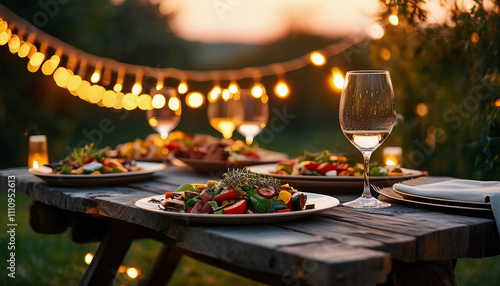 A rustic outdoor dinner setup on a wooden picnic table surrounded by greenery. The table is filled w photo