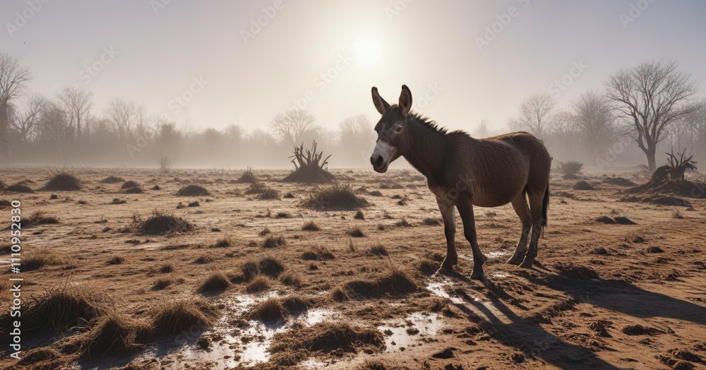 Muddy field with a single donkey grazing in the cold winter sun, frosty, landscape, rural scene Muddy field with a single donkey grazing in the cold winter sun, frosty, landscape, rural scene
