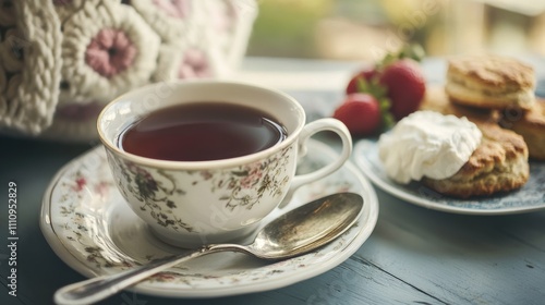 Photo of, A cozy cup of Earl Grey tea accompanied by a plate of freshly baked scones with clotted cream and strawberry jam, Earl Grey tea served in a porcelain cup